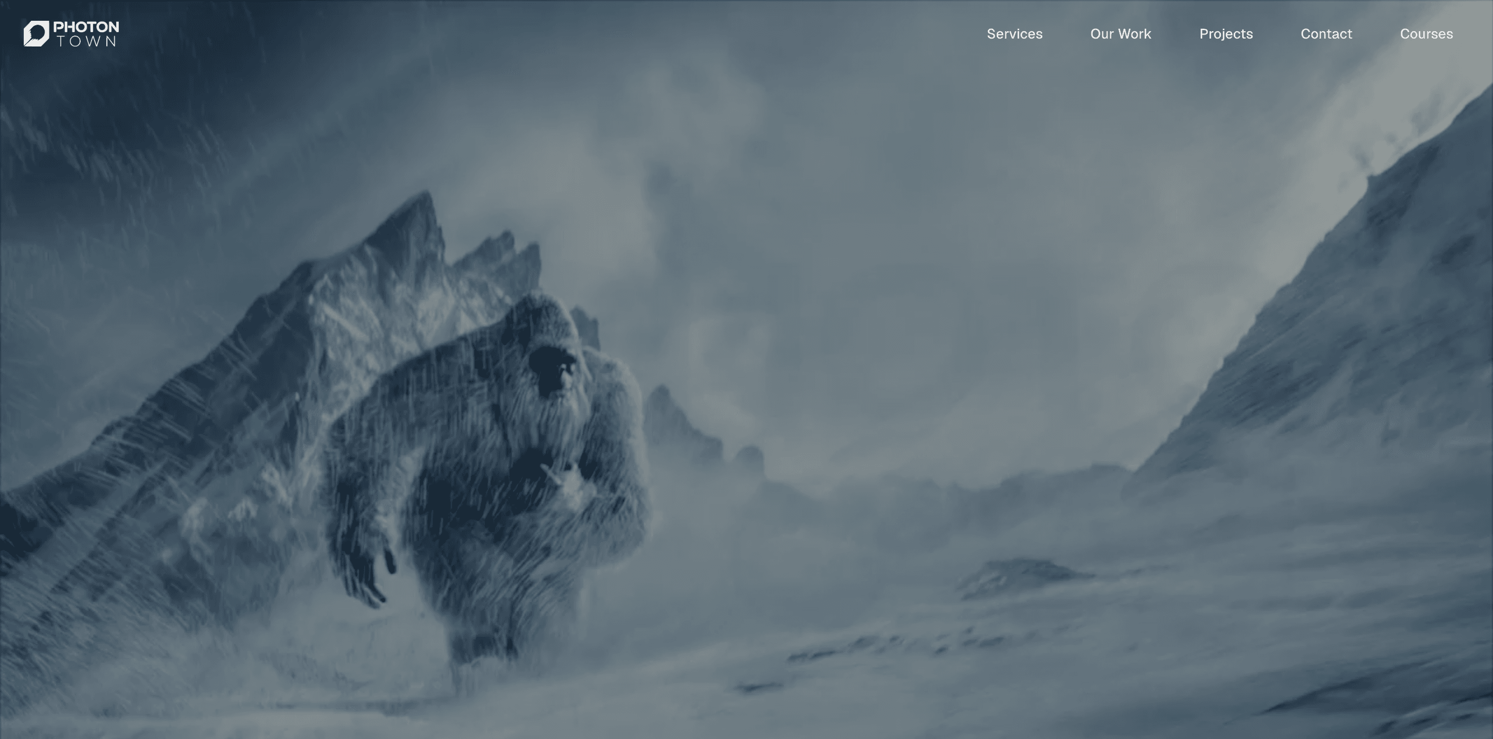 Photontown homepage with a 3D yeti in a snowstorm